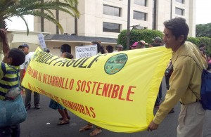 Benjamin de Sedeño holds the banner of CODDEFFAGOLF, the Committee for the Defence and Development of the Flora and Fauna of the Gulf of Fonseca, protesting against the loss of fish stocks, food and livelihoods on the Pacific coast